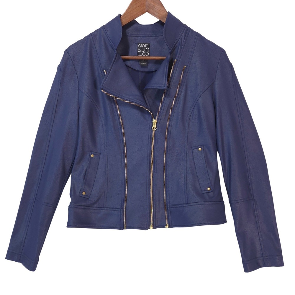 Clara Sun Woo Womens‎ XS Liquid Leather Moto Jacket Navy Asymmetrical Zip Chic